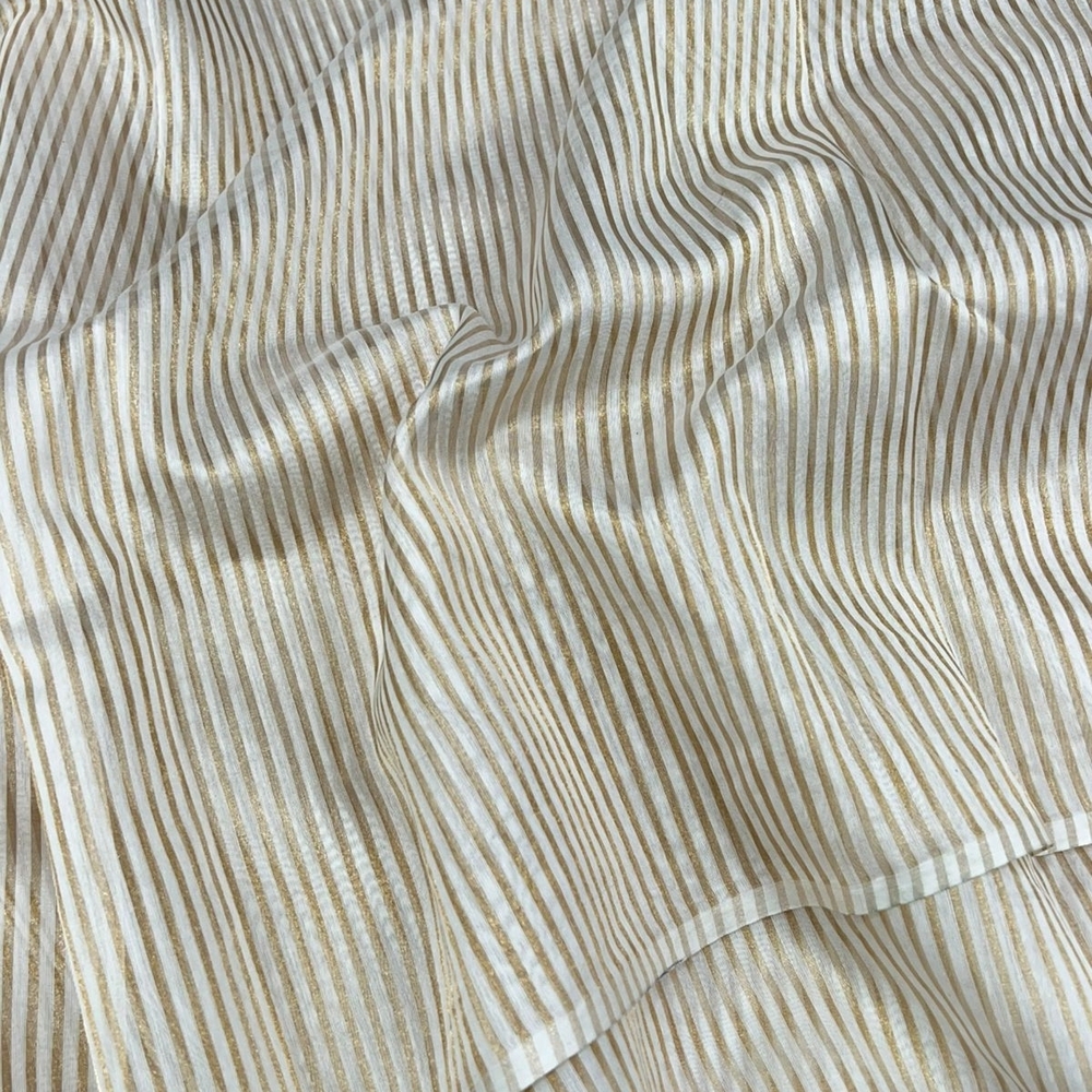 Handloom Pure Silk Tissue Cotton Stripe Gold and White Striped Fabric